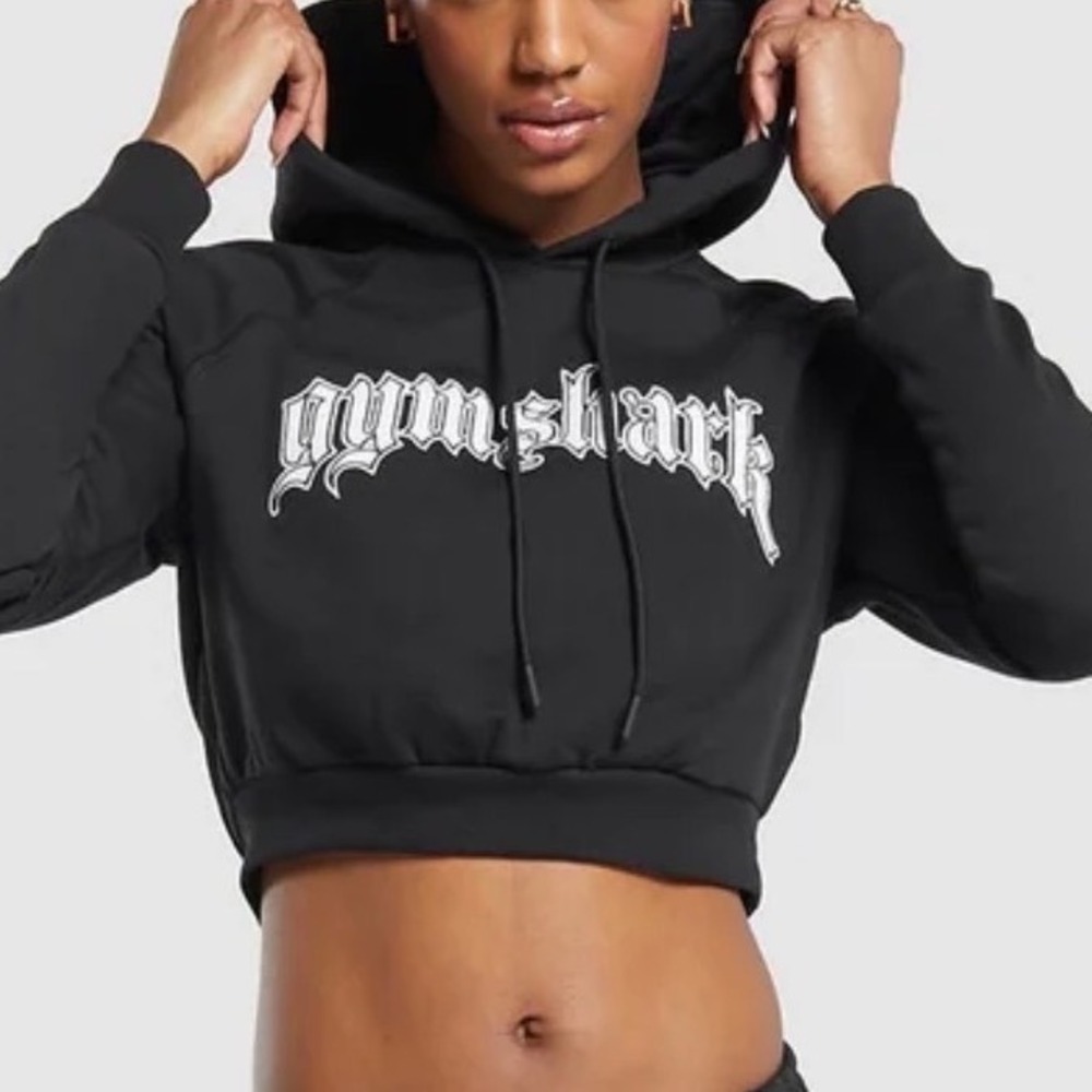 Gymshark Womens Heavy Flex Cropped Hoodie Med Black Gothic Logo